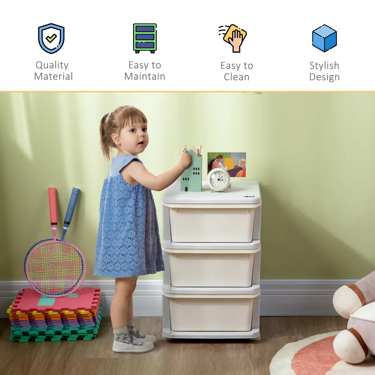 HOMCOM Kids Storage Unit w/ Three Drawers Three-Tier Chest Vertical Dresser by Unbranded