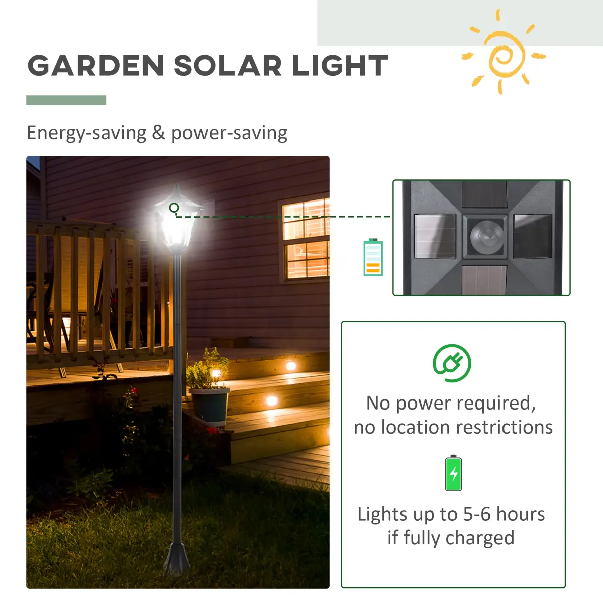 Outdoor Garden Solar Post Lamp Dimmable LED Lantern Bollard 1.2M Tall Black by Outsunny