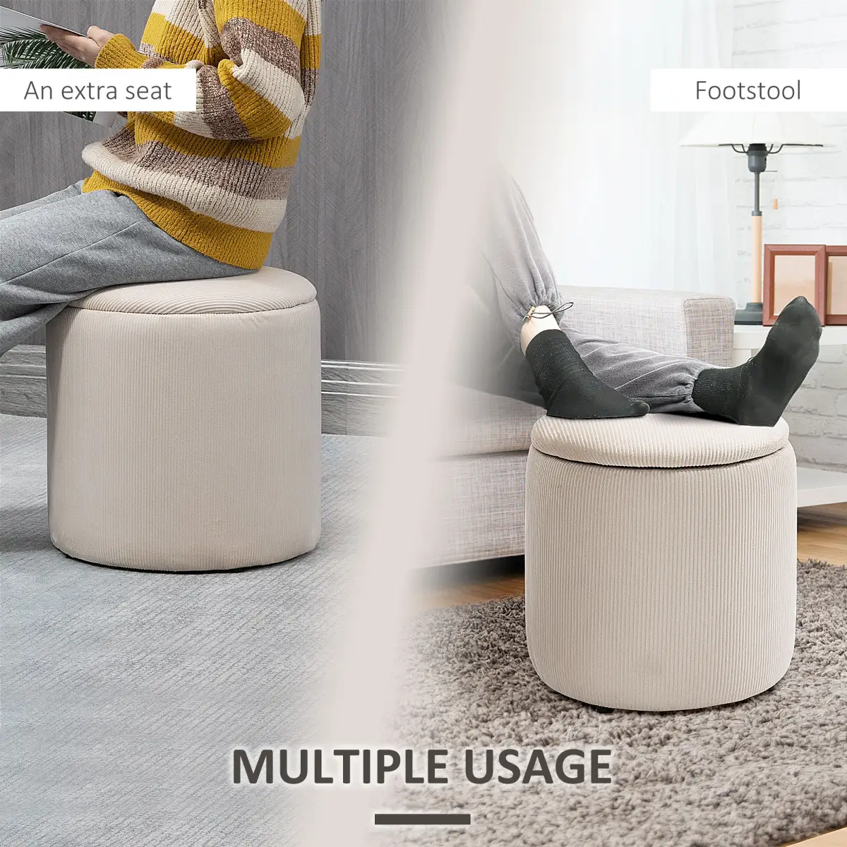 HOMCOM Modern Fabric Storage Ottoman with Removable Lid, Set of 2, Cream White by HOMCOM