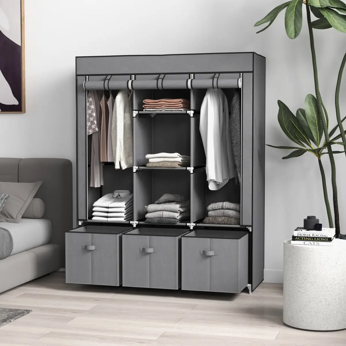 HOMCOM Portable Wardrobe w/ 5 Shelves 3 Fabric Drawers and 2 Hanging Rails Grey by HOMCOM