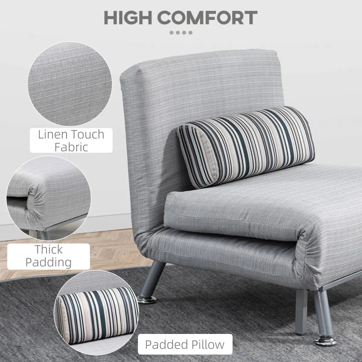 Single Sofa Bed Folding Chair Bed w/ Steel Frame Padding Pillow Grey, Silver by Unbranded
