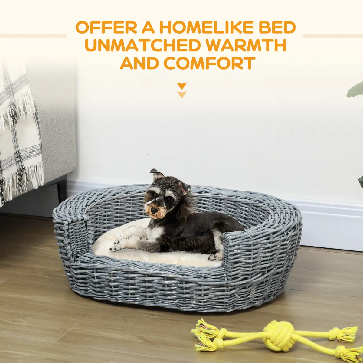 Elevated Dog Cat Couch Pet Basket Sofa Bed Wicker Willow Rattan Cushion Pawhut by Unbranded