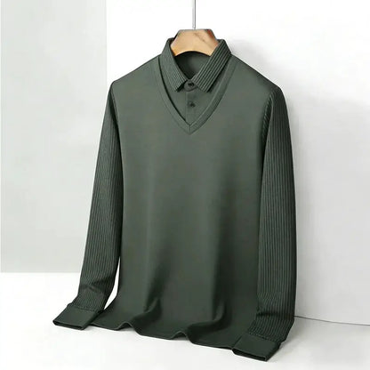 Men's Fake Two Piece Shirt Collar V Neck Long Sleeve Top Khaki Striped Casual Fashion Soft Fabric Daily Wear Blouse by All Mart Bristol Ltd