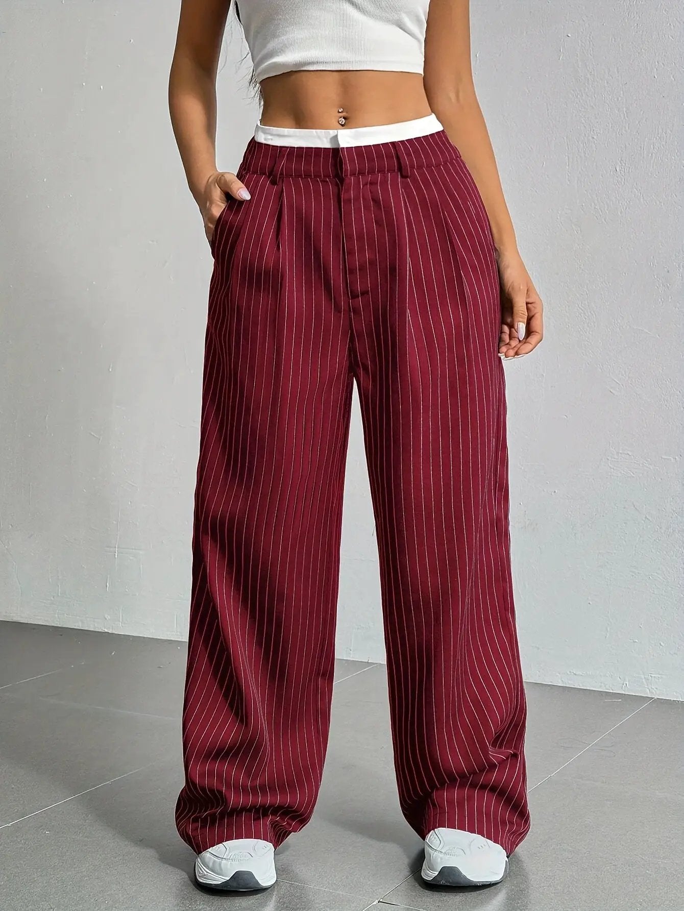 Stripe Printed Trousers Fashion High Waist Straight Leg Pants With Pocket Zipper Casual Suit Pants For Women by Dropshipman
