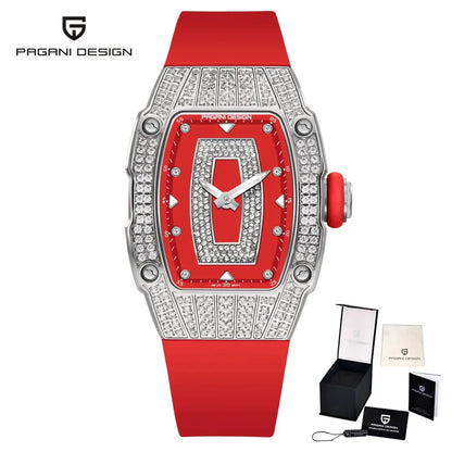 PAGANI DESIGN Top Luxury Diamond encrusted Women's Watch Fashion RubberWaterproof LuminousWine Bucket Case Women'sWatch+Gift Box by All Mart Bristol Ltd