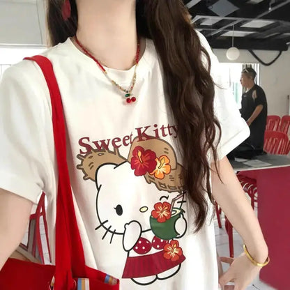 Short-Sleeved T-Shirt Summer New Hello Kitty Printed Cartoon Cute Sanrio Half-Sleeved T-Shirt Pure Cotton Shirt Women's Tops by All Mart Bristol Ltd