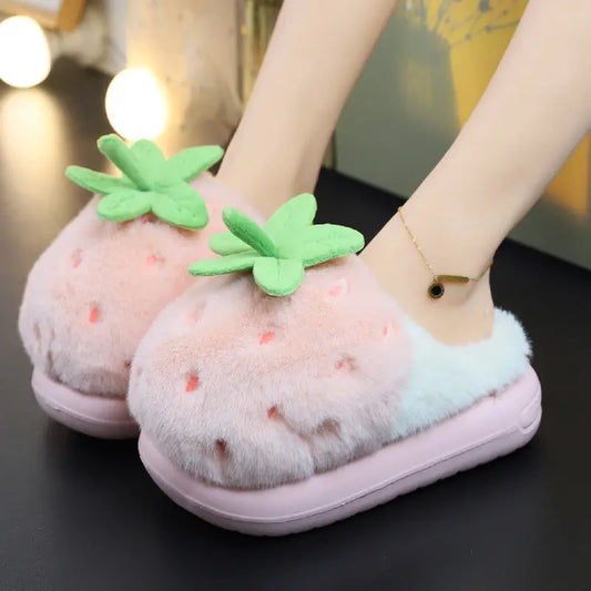 Newest 2025 Creative Strawberry Fur Slippers with Stem Ladies Platfrom EVA Plush Slides Shoes for Women Brand Plush Slippers by All Mart Bristol Ltd
