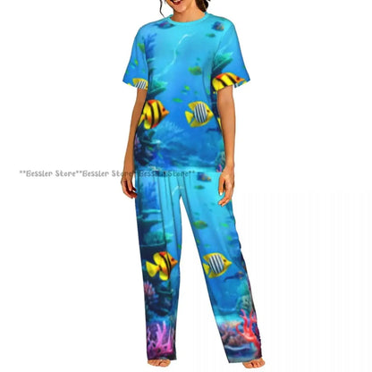 Women's Comfort Pajamas Women's Sea Fish Marine Life Short Sleeve Set Sleepwear by All Mart Bristol Ltd