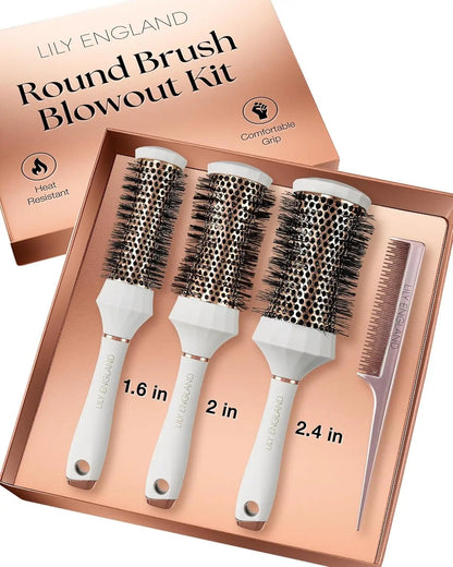 Professional Round Hair Brush Set - 4 Piece Blow Dry Kit with 3 Round Brushes & Comb - Perfect Beauty Gift for Women by All Mart Bristol Ltd