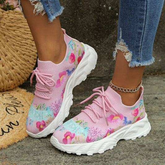 Women's Sports Shoes Flowers Print Walking Sneakers Casual Breathable Lace-up Mesh Shoes by Dropshipman