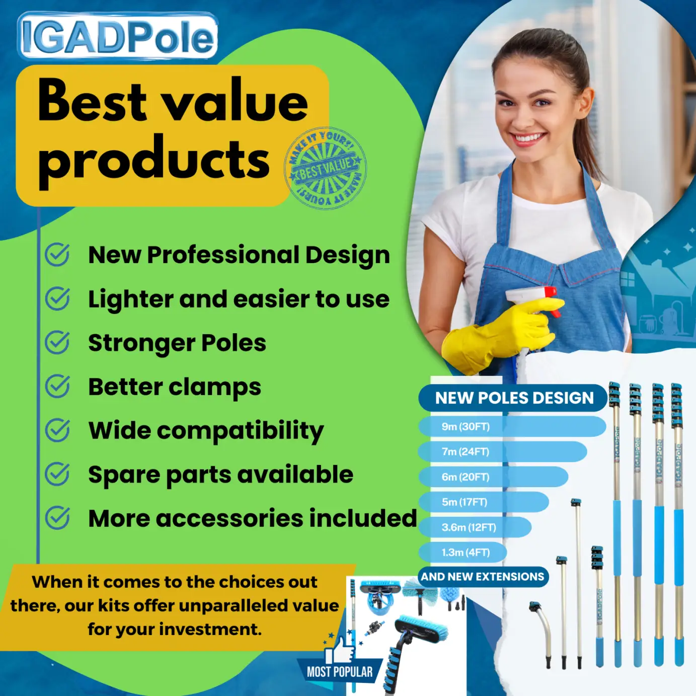 IGAD Pole 5m (17ft) Extension Pole Kit with Water-fed Brush and Hose, with 4-Stage Telescoping Pole 5-17ft Pole by IGADPole