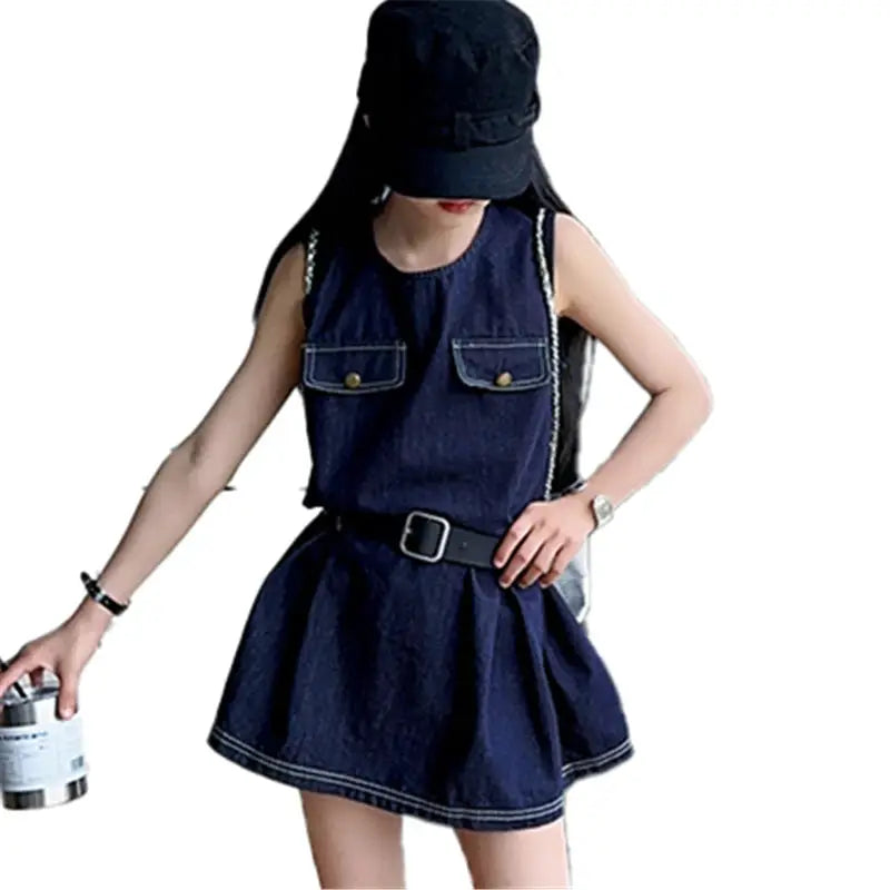 Stylish Kids Fashion Denim Bodysuit Dress for Girls Vintage Dark Blue Jeans Skirt With Belt Child Trendy Streetwear Outfit 5-14Y by All Mart Bristol Ltd
