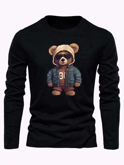 100 cotton men's casual long sleeved round neck loose bear pattern printed autumn and winter T-shirt top versatile by All Mart Bristol Ltd