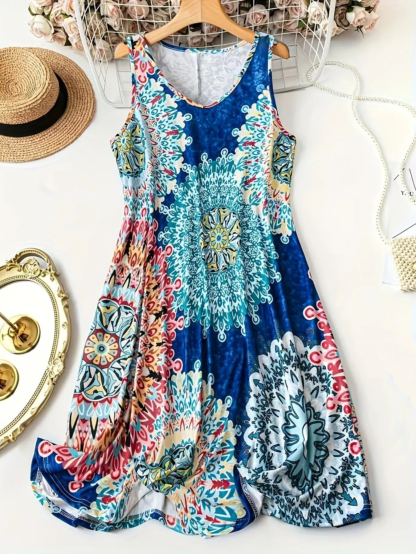 Plus Size Women'S All over Print Sleeveless Vest Dress, Basic Boho Tank Dress, Perfect for Vacation and Home Use, Comfortable and Stylish, Casual Wear by All Mart Bristol Ltd