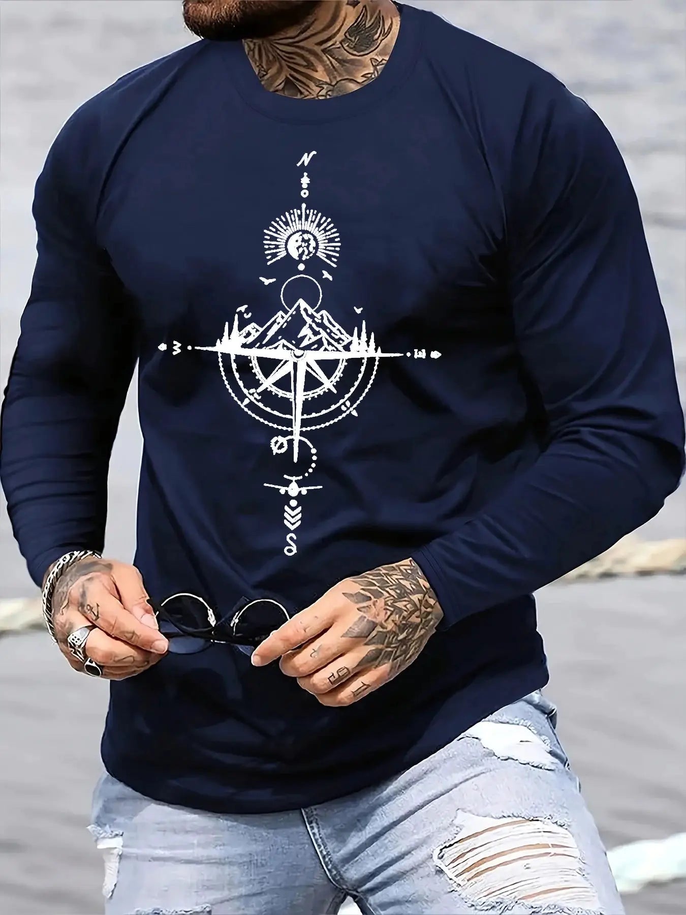 100% pure cotton men's long sleeved round neck loose casual mountain and compass printed spring and autumn versatile T-shirt by All Mart Bristol Ltd