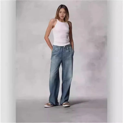 2026 Jeans Wide Leg Pants Women Denim Floor Length Mid Waist Washed Distressed Pockets Vintage Y2k Streetwear Straight Trousers by All Mart Bristol Ltd