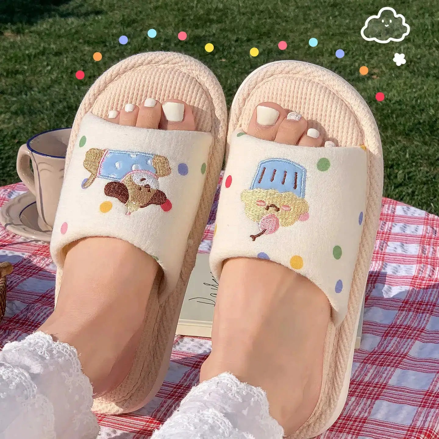 Women's Cartoon Embroidery Linen Slippers, Breathable Cotton Linen House Shoes, Comfortable Non-Slip Indoor Home Slides by All Mart Bristol Ltd