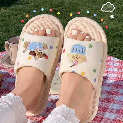 Women's Cartoon Embroidery Linen Slippers, Breathable Cotton Linen House Shoes, Comfortable Non-Slip Indoor Home Slides by All Mart Bristol Ltd