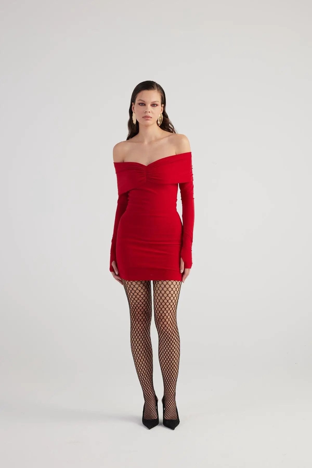 Dreamer Red Bardot Neck Mini Dress by Holly Lolly