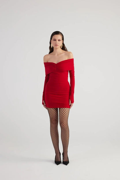 Dreamer Red Bardot Neck Mini Dress by Holly Lolly