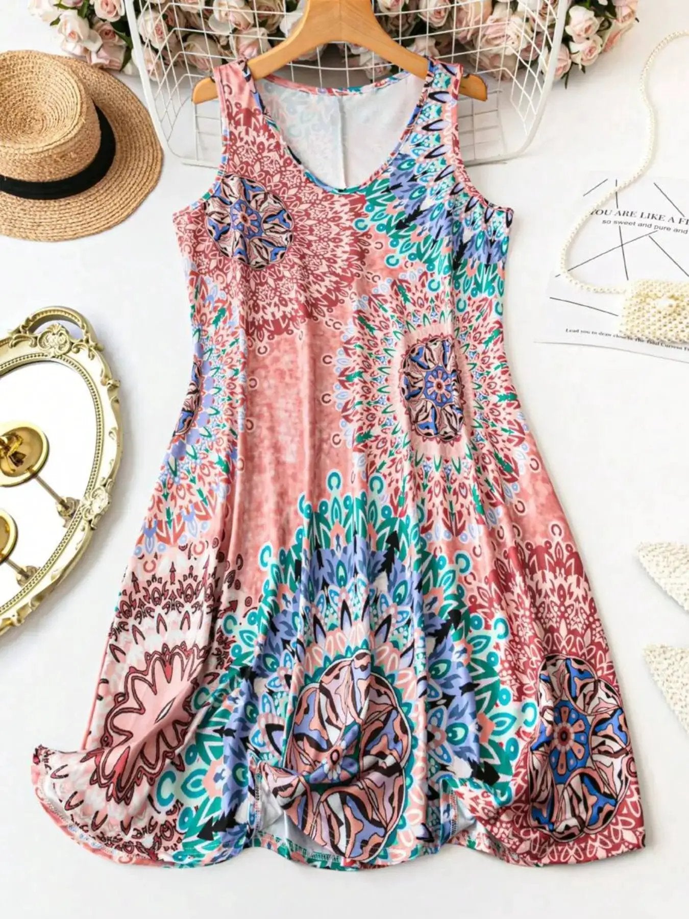 Plus Size Women'S All over Print Sleeveless Vest Dress, Basic Boho Tank Dress, Perfect for Vacation and Home Use, Comfortable and Stylish, Casual Wear by All Mart Bristol Ltd