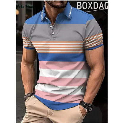 Classic Striped Print Polo Shirt Men's Business Casual Tops Simple Basic Polos Men Summer Big Size Short Sleeve Lapel Polo Shirt by All Mart Bristol Ltd