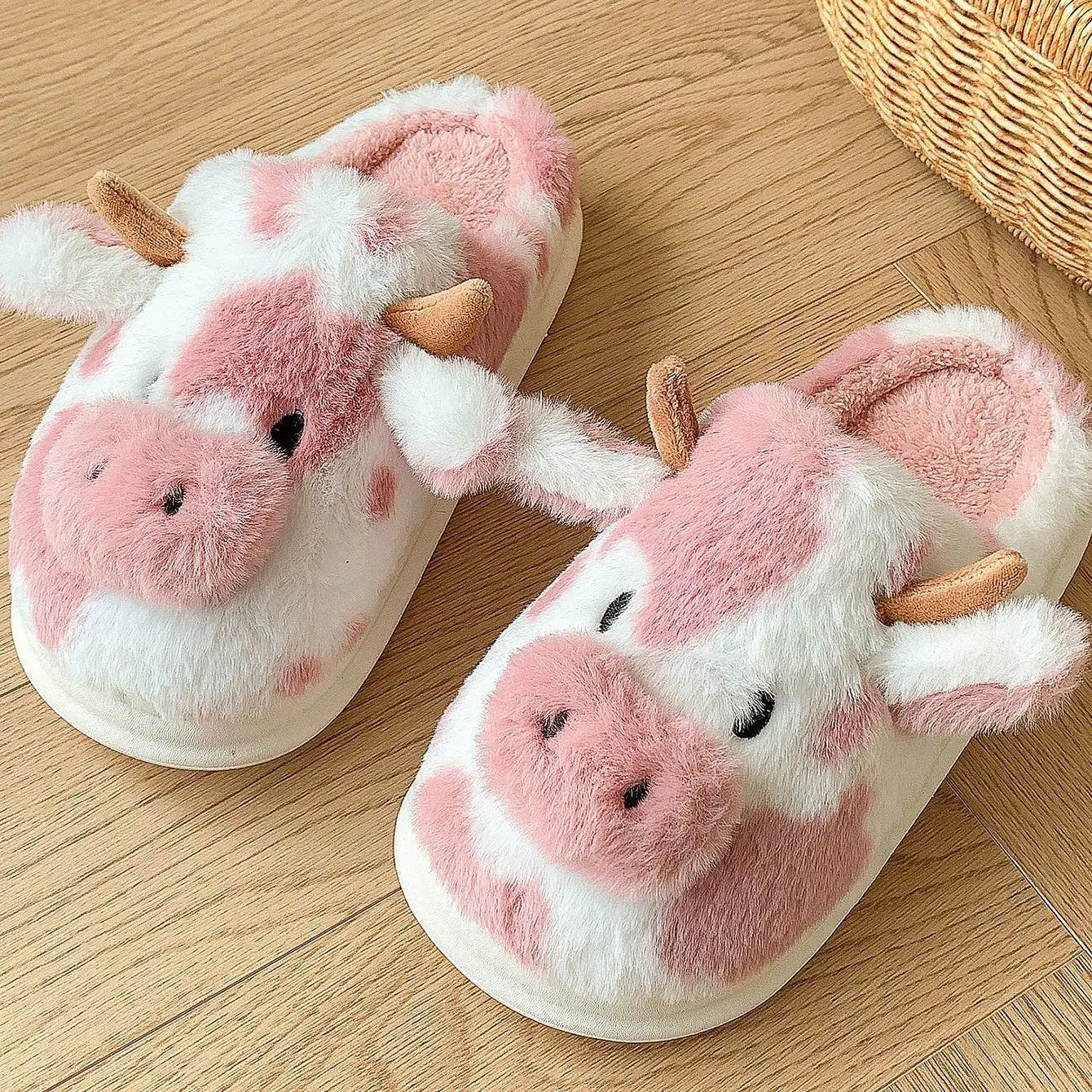 Cute Cartoon Cow Plush Slippers Winter Warm Indoor Bedroom Floor Fuzzy Slipper Couple Non-slip House Shoes by Dropshipman