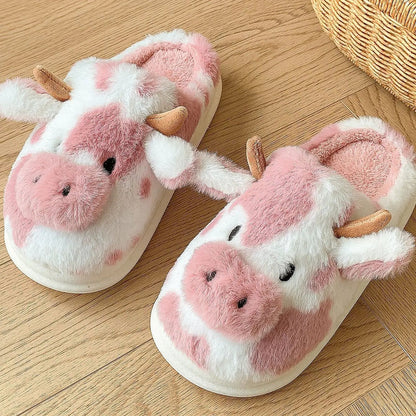 Cute Cartoon Cow Plush Slippers Winter Warm Indoor Bedroom Floor Fuzzy Slipper Couple Non-slip House Shoes by Dropshipman