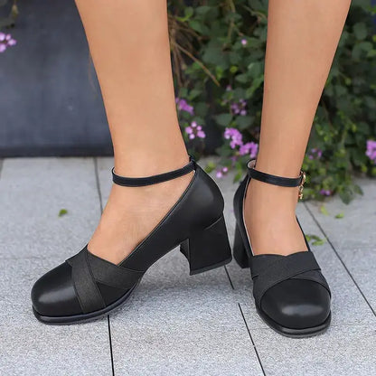 ORCHA LISA Women Pumps Daily Mary Shoes Chunky Heels Ankel Buckle Strap Black Spring Summer Round Toe Shallow Mixed Big Size 43 by All Mart Bristol Ltd