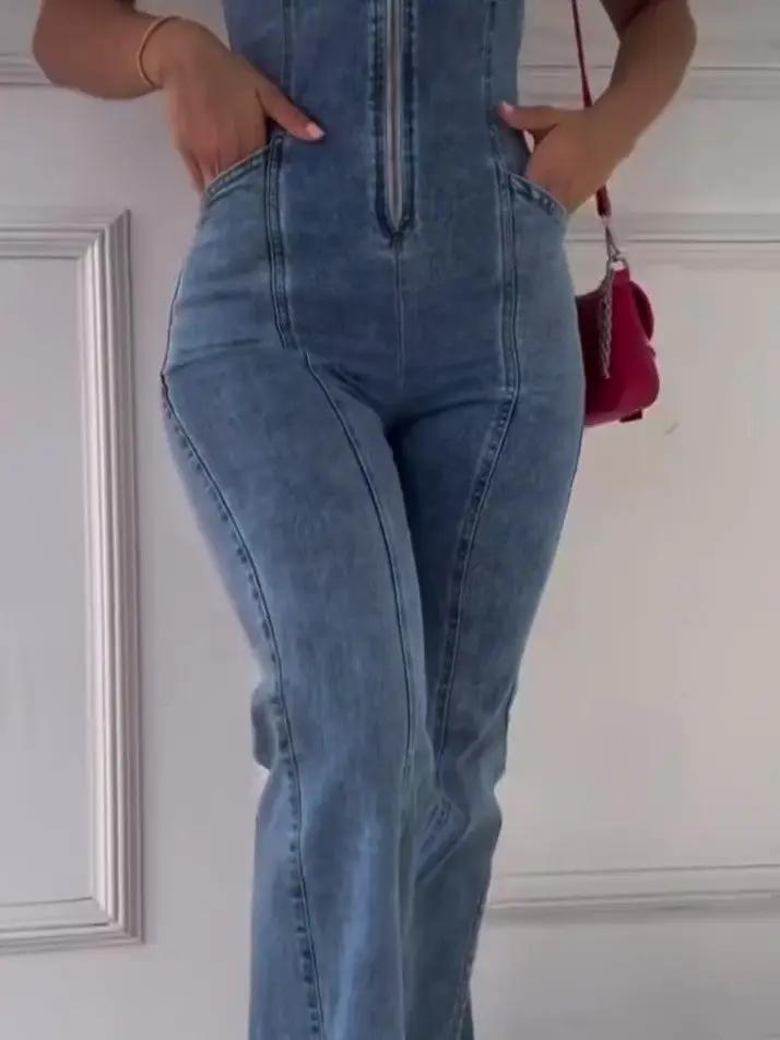 Sleeveless Paneled Zipper Denim Jumpsuit by Dropshipman