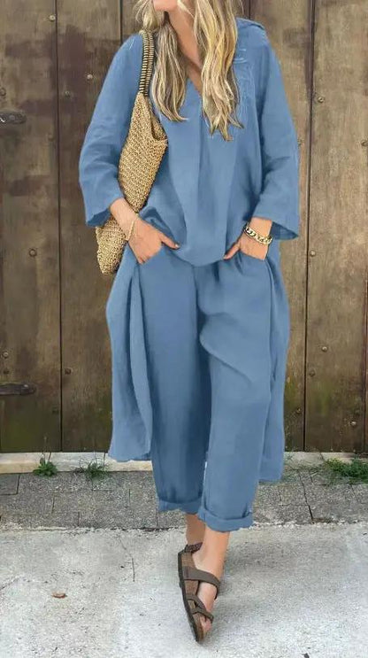 2pcs Long-sleeved Suits Loose V-neck Long Top And High Waist Wide Leg Pants With Pockets Women's Clothing by Dropshipman