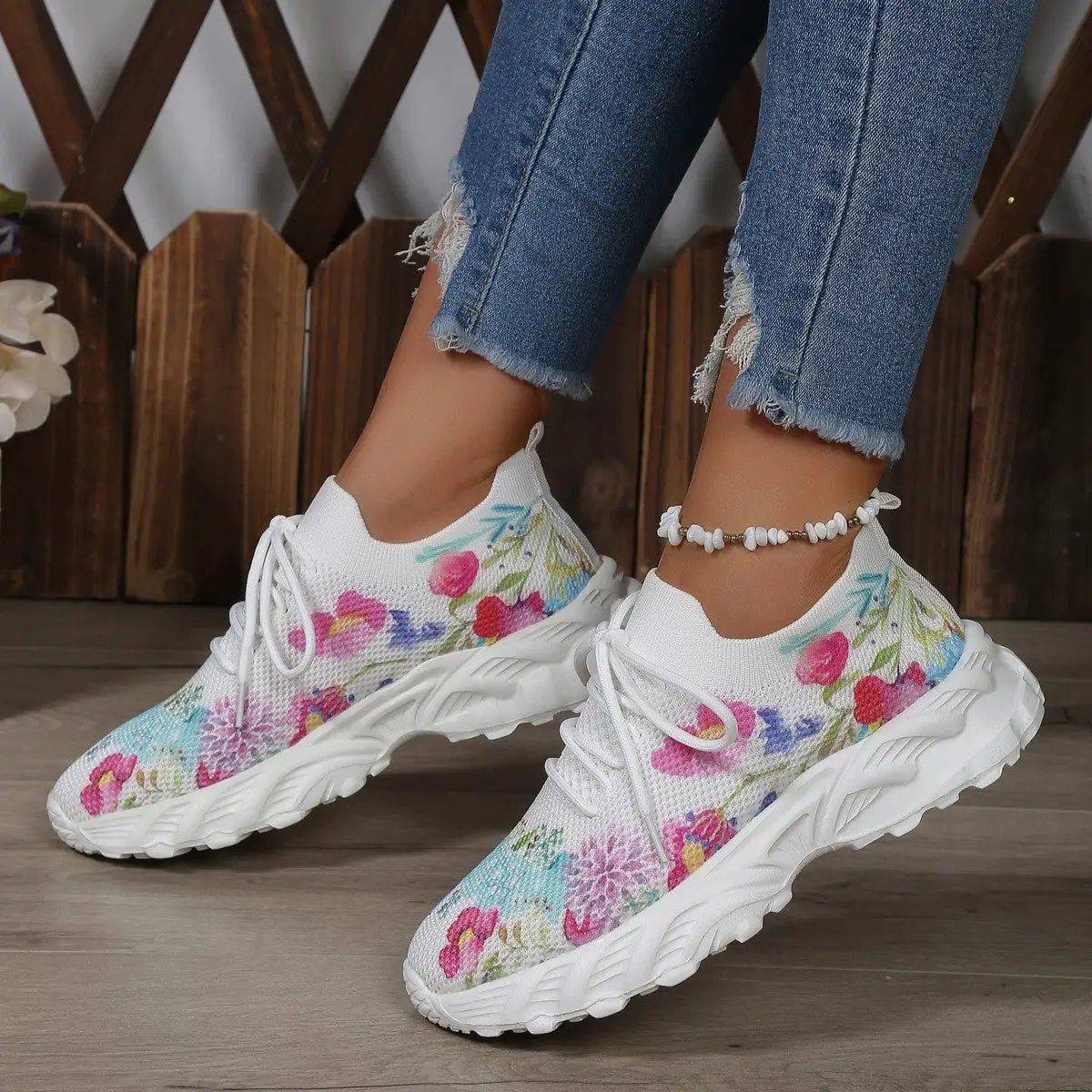 Women's Sports Shoes Flowers Print Walking Sneakers Casual Breathable Lace-up Mesh Shoes by Dropshipman