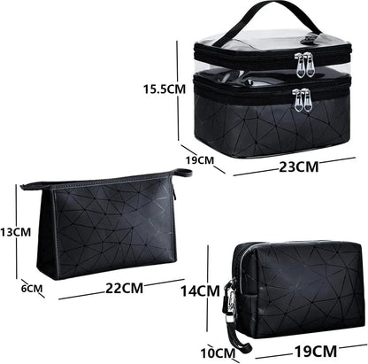 Stylish 3-Piece Makeup Bag Set - Double Layer Cosmetic Organizer + 2 Travel Toiletry Bags with Diamond Pattern for Men and Women (Black) by All Mart Bristol Ltd