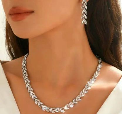 2PCS Glass Leaf Necklace Set Elegant Rhinestone Chain Necklace Bracelet For Women Fashion Luxury Jewelry Set by Dropshipman