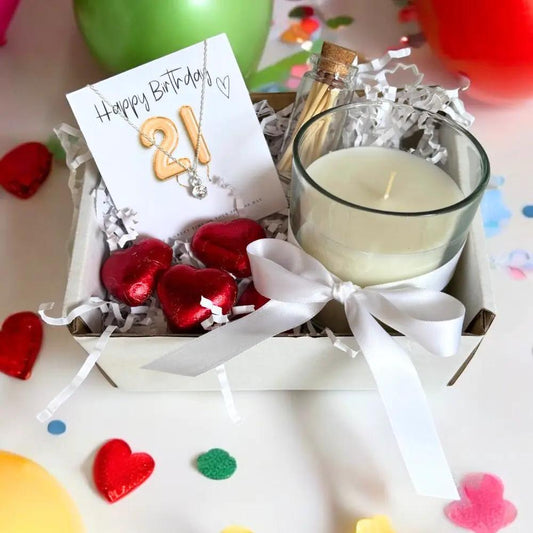 Small 21st Birthday Gold Balloons Gift Hamper - Cubic Zirconia Charm Necklace, Chocolates & Candle by Aye Do Gifts
