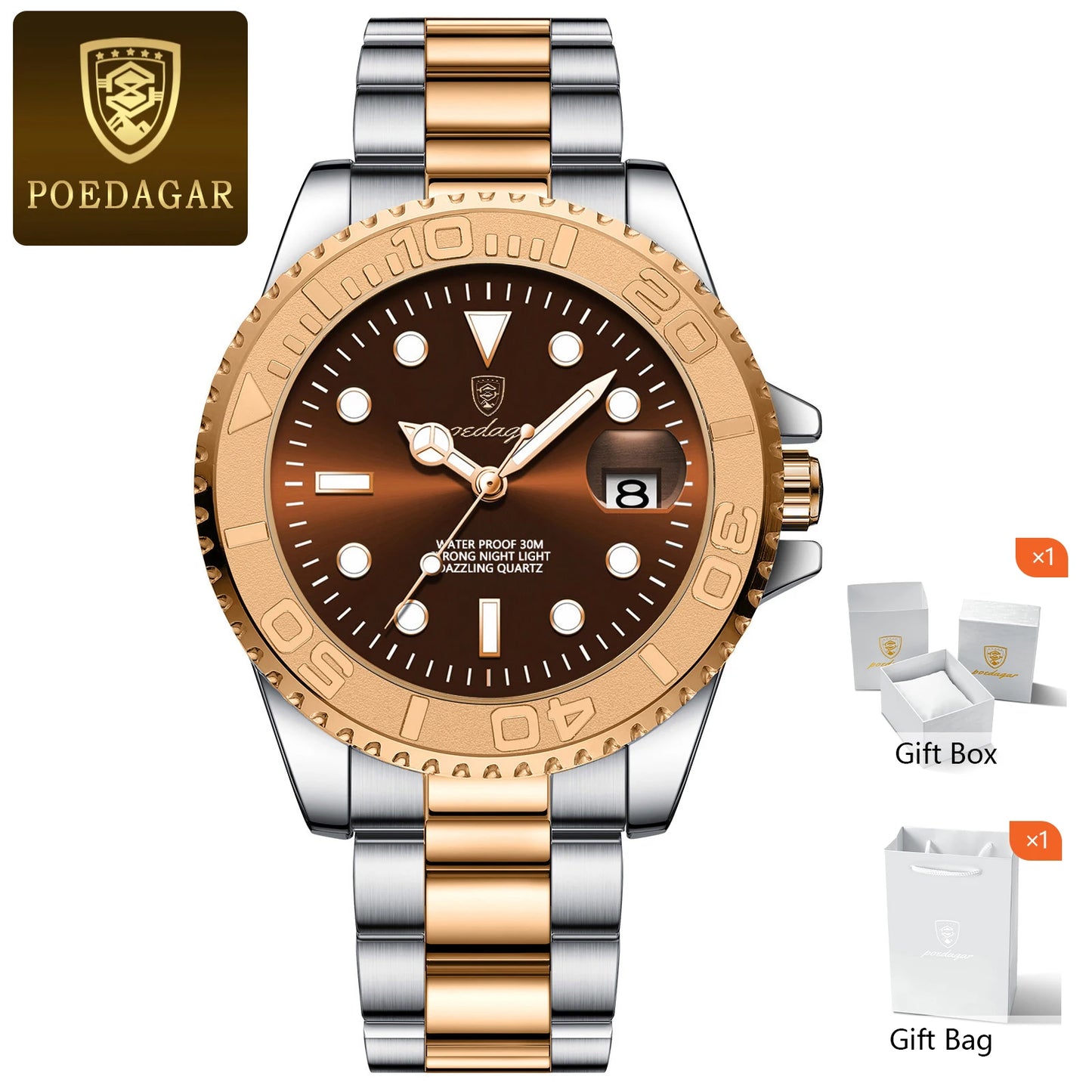POEDAGAR Trendy Sport Man Watch Luminous Waterproof Stainless Steel Date Men Wristwatch Luxury Business Men's Quartz Watches+Box by All Mart Bristol Ltd