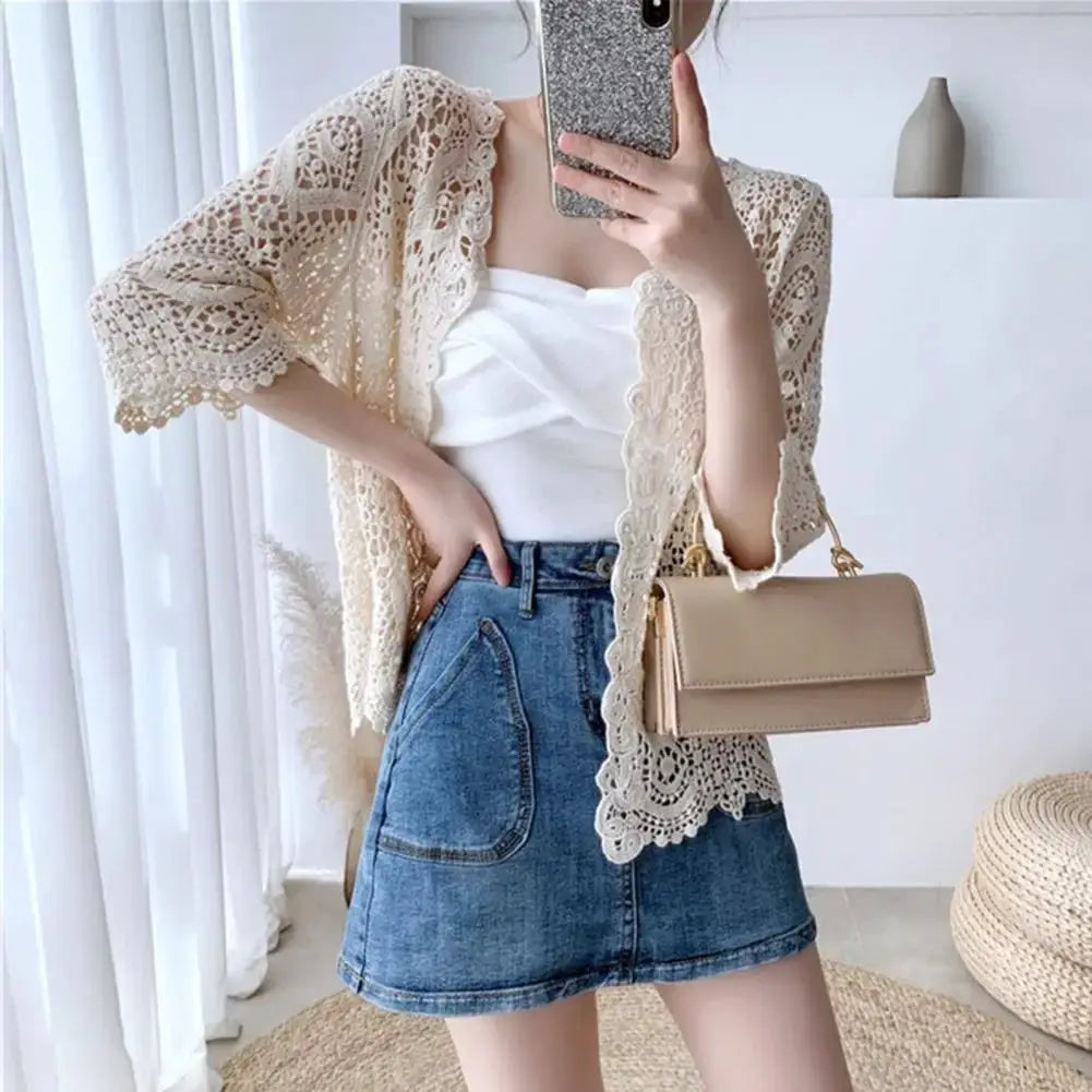 Handcrafted Lace Cardigan Crochet Women Cardigan 2025 3/4 Sleeve Hollow Out Open Front Sheer Sweater Boho Summer Knit Shrug by All Mart Bristol Ltd
