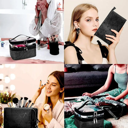 Stylish 3-Piece Makeup Bag Set - Double Layer Cosmetic Organizer + 2 Travel Toiletry Bags with Diamond Pattern for Men and Women (Black) by All Mart Bristol Ltd