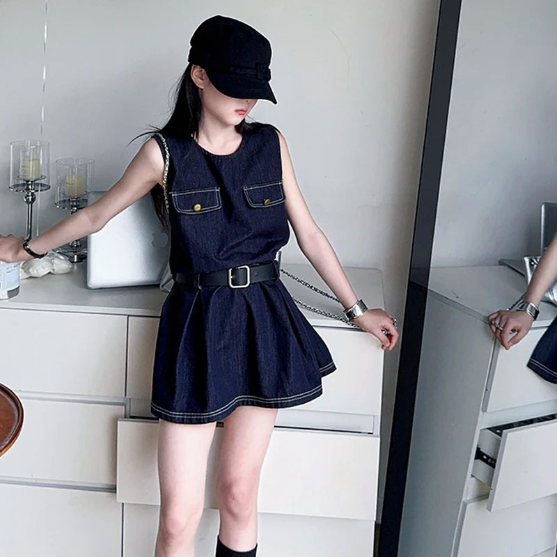 Stylish Kids Fashion Denim Bodysuit Dress for Girls Vintage Dark Blue Jeans Skirt With Belt Child Trendy Streetwear Outfit 5-14Y by All Mart Bristol Ltd