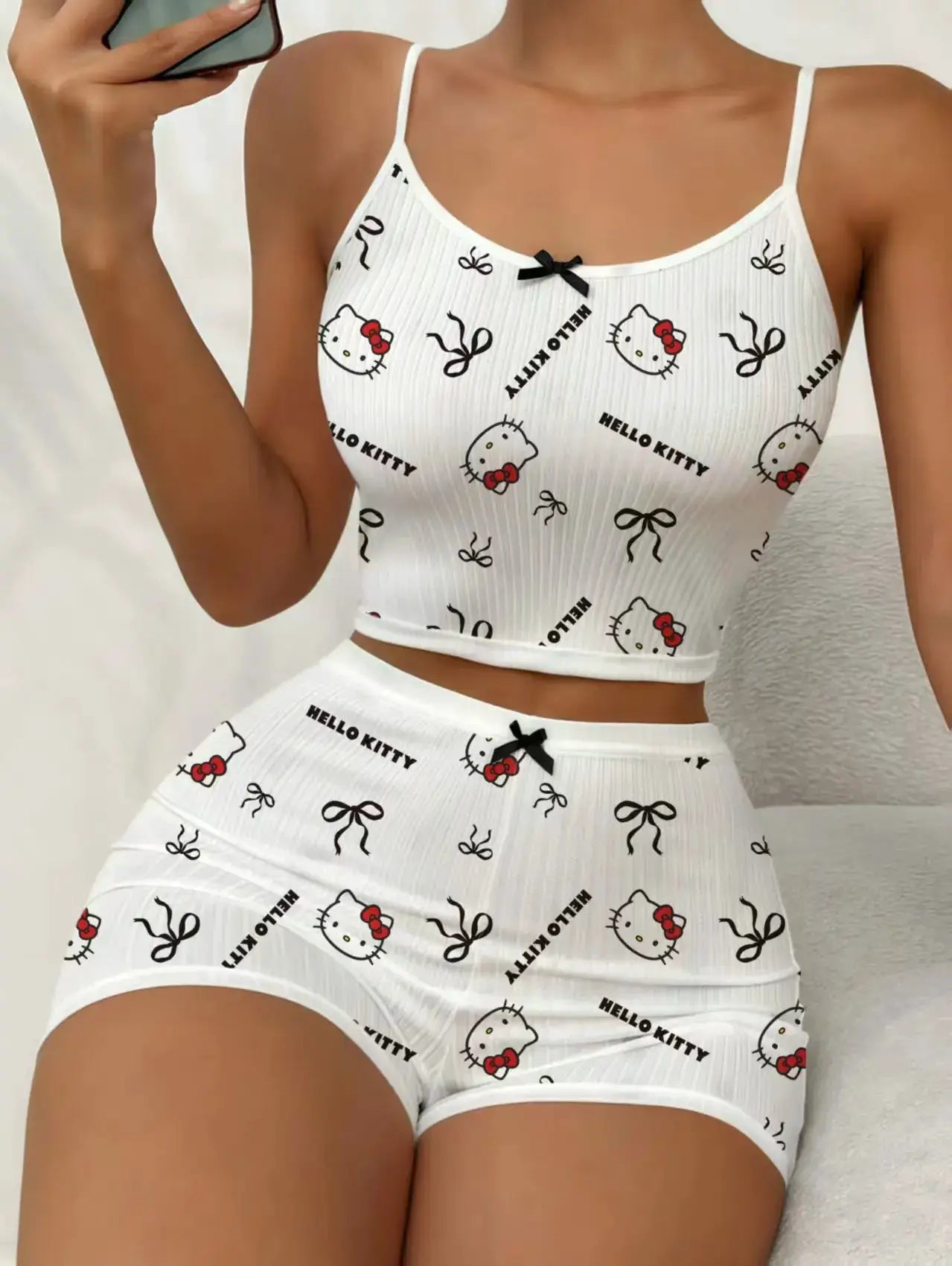Sanrio Hello Kitty Bowknot Suspender Top Shorts Casual 2pcs Pajama Set Fashionable Thin Shoulder Strap Sexy Sleepwear Soft Pj by All Mart Bristol Ltd