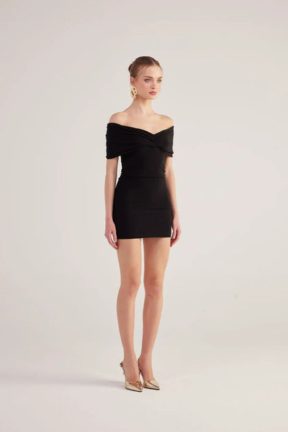 Muse Black Bardot Neck Mini Dress by Holly Lolly