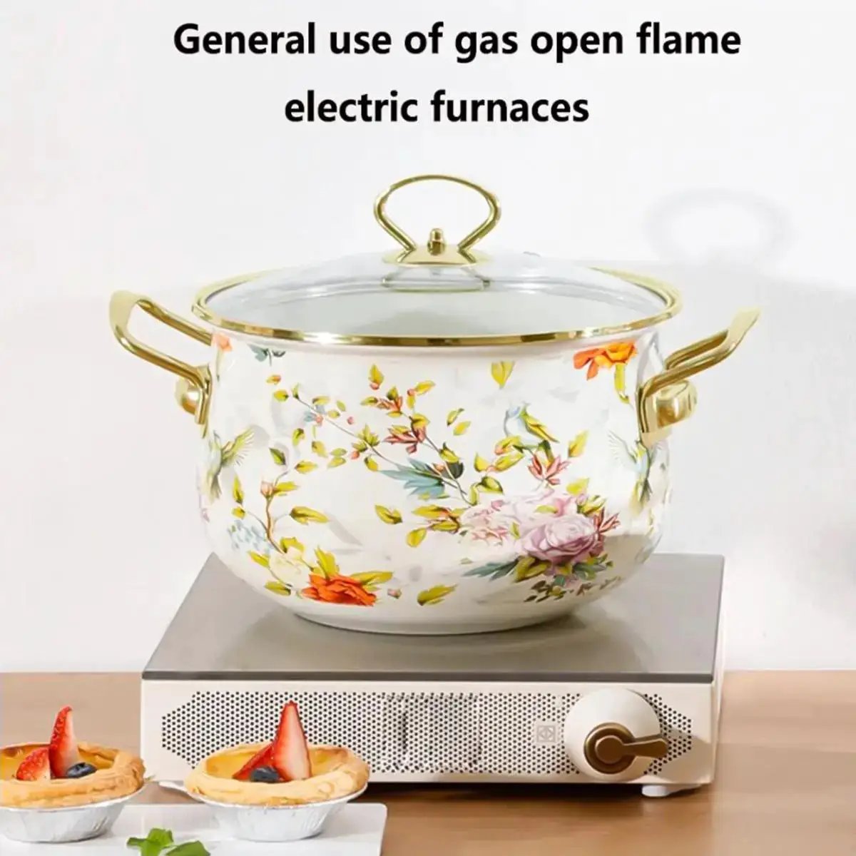 Floral Pattern Ceramic Stockpot, 1 Count Large Capacity Soup Pot Stew Pot with Glass Lid & Metal Handle, Household Cookware for Kitchen by All Mart Bristol Ltd