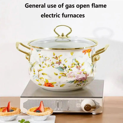 Floral Pattern Ceramic Stockpot, 1 Count Large Capacity Soup Pot Stew Pot with Glass Lid & Metal Handle, Household Cookware for Kitchen by All Mart Bristol Ltd