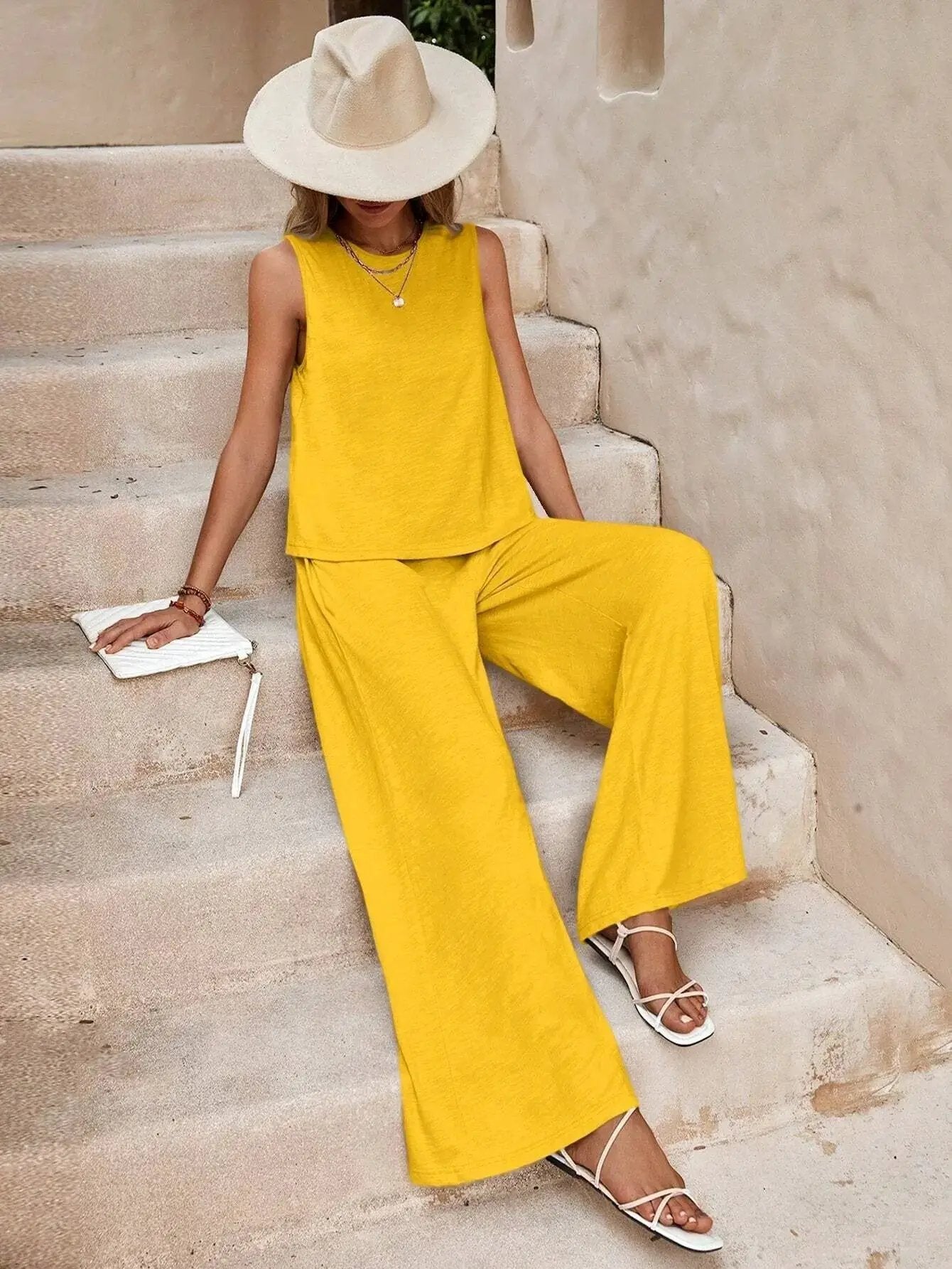 Solid Color Casual Loose Pants Sets For Women Elegant Spring Summer Women's Two Pieces Suit Full Trouser Set Female Outfit Clothes by Dropshipman