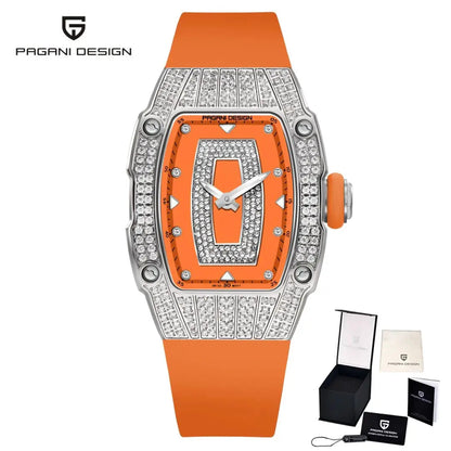 PAGANI DESIGN Top Luxury Diamond encrusted Women's Watch Fashion RubberWaterproof LuminousWine Bucket Case Women'sWatch+Gift Box by All Mart Bristol Ltd