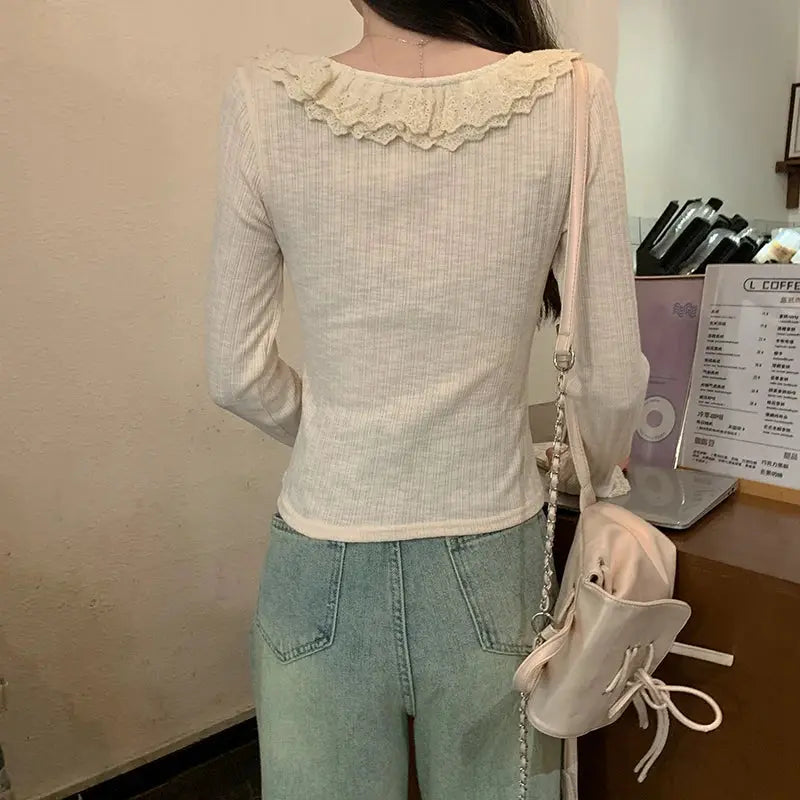Women's 2026 Spring Autumn New Sweet Cute Lace Thin Short Slim Fit Crew Neck Long Sleeve T Shirt Base Top by All Mart Bristol Ltd