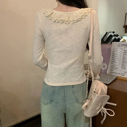 Women's 2026 Spring Autumn New Sweet Cute Lace Thin Short Slim Fit Crew Neck Long Sleeve T Shirt Base Top by All Mart Bristol Ltd