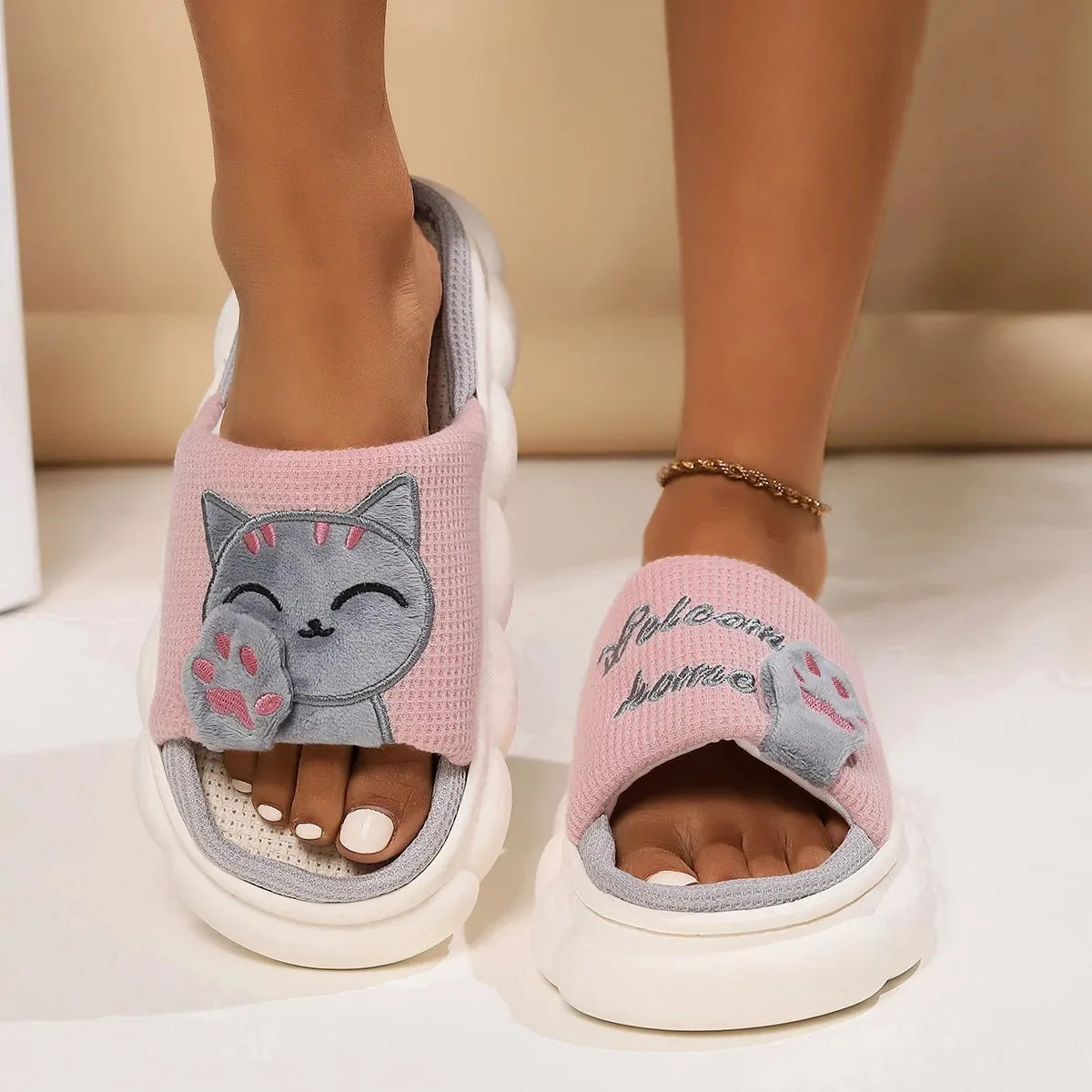 Home Linen Slipper for Women Cute Bunny Clouds Flip Flops Female Design Cozy Shoes Slides Four Season Platform Couples Sandals by All Mart Bristol Ltd