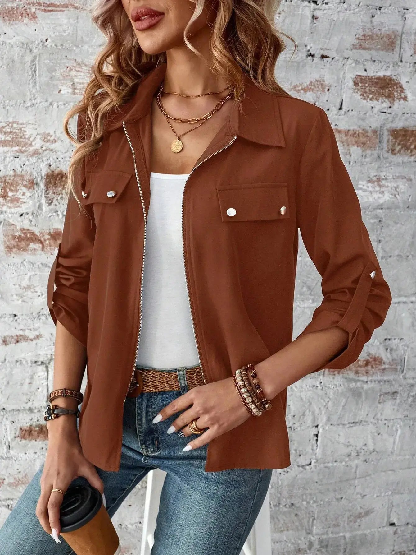 New Style European-Style Collar Zipper Cardigan with A Hood and A Plain-Colored Long-Sleeved Coat for Women by All Mart Bristol Ltd