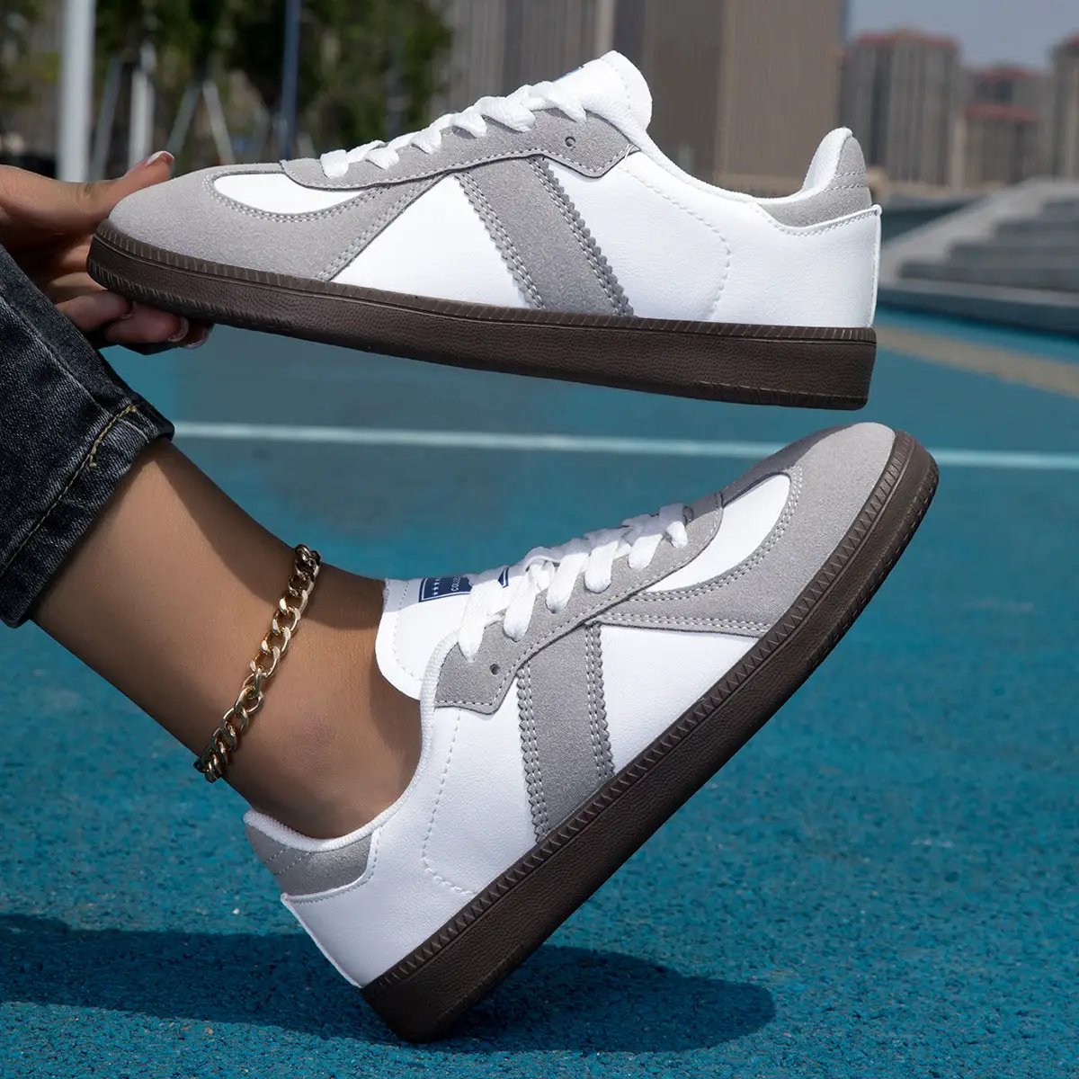 Womens Style White Lace Up Casual Sneakers With A Leopard Print Flat Sole by Dropshipman
